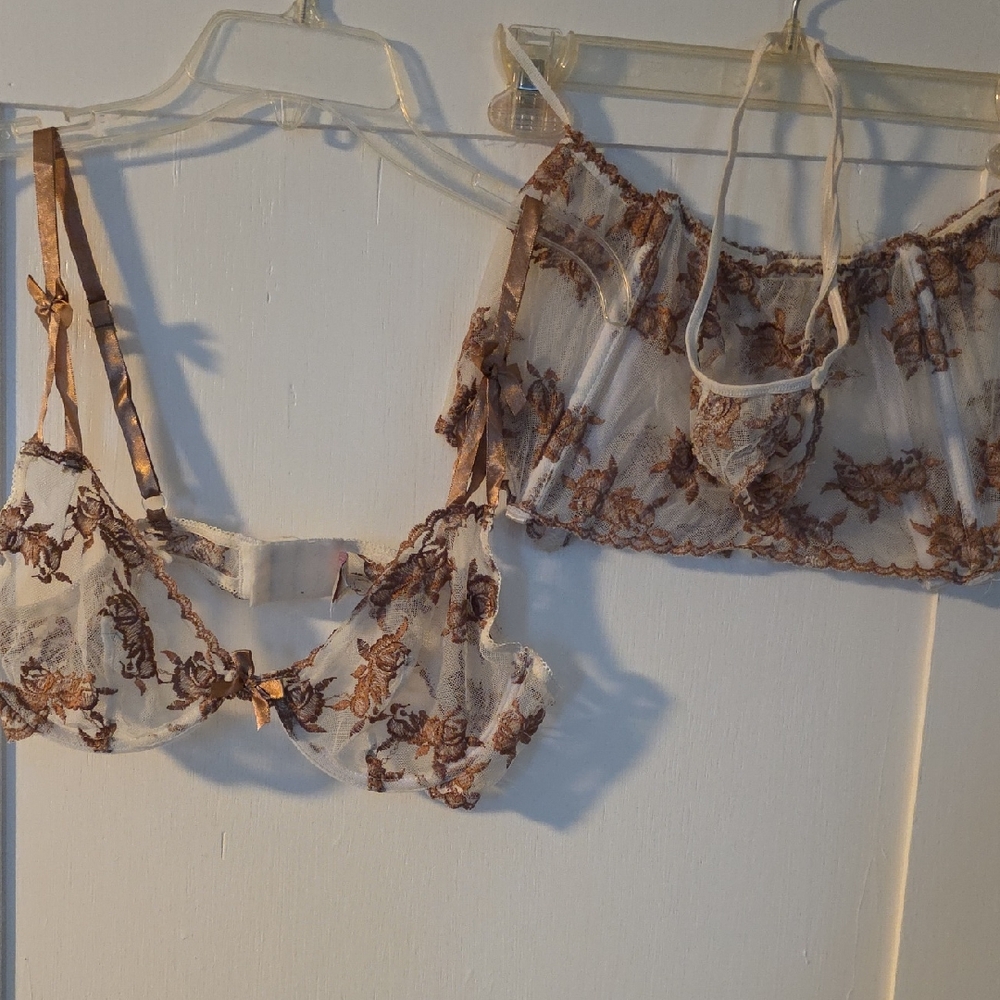 Elegant Moments Sheer Lace Bra Set - Cream and Brown
